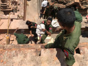 <p>Military personnel clear debris at a temple that was damaged by a strong earthquake in Bagan, Myanmar, Thursday, Aug. 25, 2016. (AP Photo/Min Kyi Thein) </p>