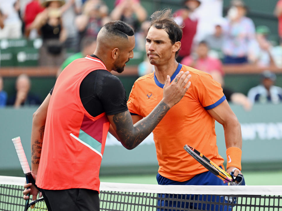 Rafa Nadal (pictured right) shakes hands with Nick Kyrgios (pictured left) after their Indian Wells match. 