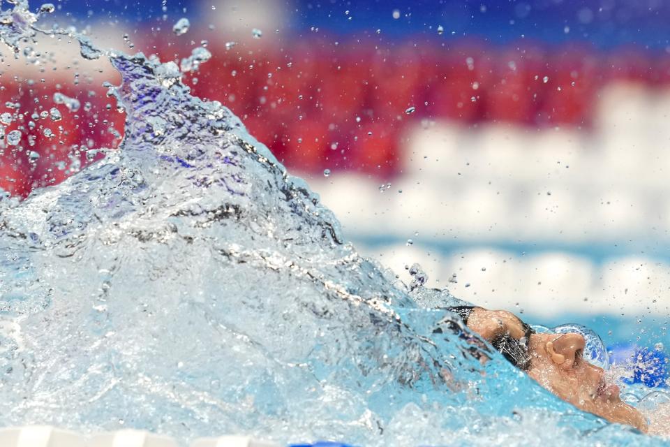 Ryan Murphy swims during the Men's 200 backstroke finals Thursday, June 20, 2024, at the US Swimming Olympic Trials in Indianapolis. (AP Photo/Darron Cummings)