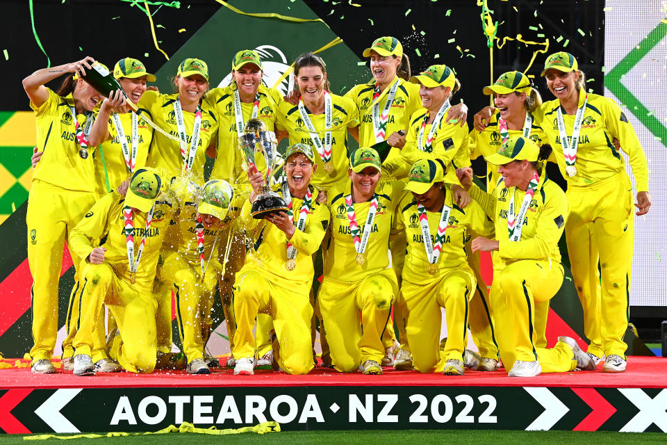 Australia (pictured) celebrate winning the 2022 ICC Women's Cricket World Cup Final.