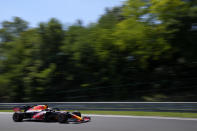 Red Bull driver Max Verstappen of the Netherlands steers his car during the first free practice at the Hungaroring racetrack in Mogyorod, Hungary, Friday, July 30, 2021. The Hungarian Formula One Grand Prix will be held on Sunday. (AP Photo/Darko Bandic)