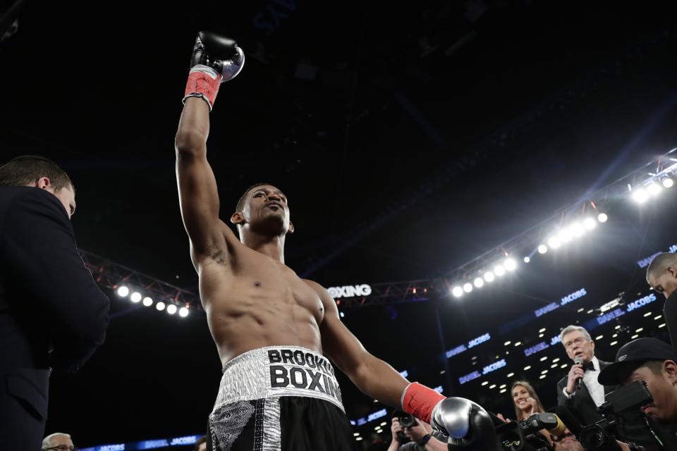 Daniel Jacobs (34-2, 29 KOs) could be next in line to fight Canelo Alvarez if he defeats Sergiy Derevyanchenko on Saturday for the vacant IBF middleweight title. (AP Photo/Frank Franklin II)