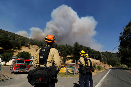 Firefighters on a structure protection team watch a plume of smoke grow from the Ranch Fire (Mendocino Complex) in the hills north of Upper Lake, August 1, 2018. REUTERS/Fred Greaves