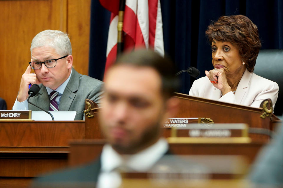 Rep. Patrick McHenry (R-NC) and Chairman of the House Financial Service Committee Maxine Waters (D-CA) listen as David Marcus, CEO of Facebook’s Calibra, testifies on "Examining Facebook's Proposed Cryptocurrency and Its Impact on Consumers, Investors, and the American Financial System" on Capitol Hill in Washington, U.S., July 17, 2019.      REUTERS/Joshua Roberts