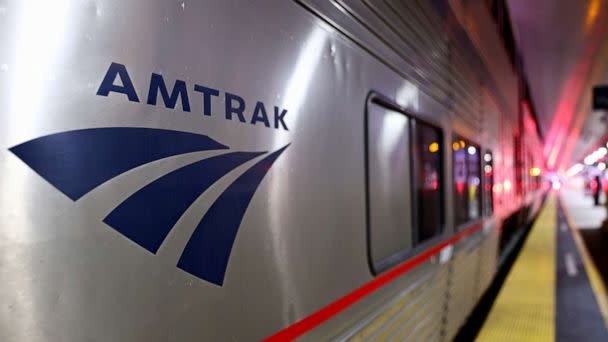 PHOTO: An Amtrak train sits at a station stop in Union Station, Dec. 9, 2021, in Los Angeles. (Mario Tama/Getty Images, FILE)