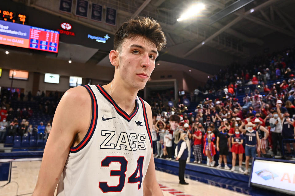 Gonzaga center Chet Holmgren walks off the court after a win against the St. Mary's, Feb. 12, 2022 in Spokane, Washington.