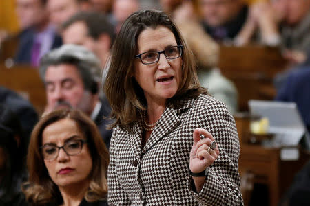 Canada's Foreign Minister Chrystia Freeland speaks during Question Period in the House of Commons on Parliament Hill in Ottawa, Ontario, Canada, December 12, 2017. REUTERS/Chris Wattie
