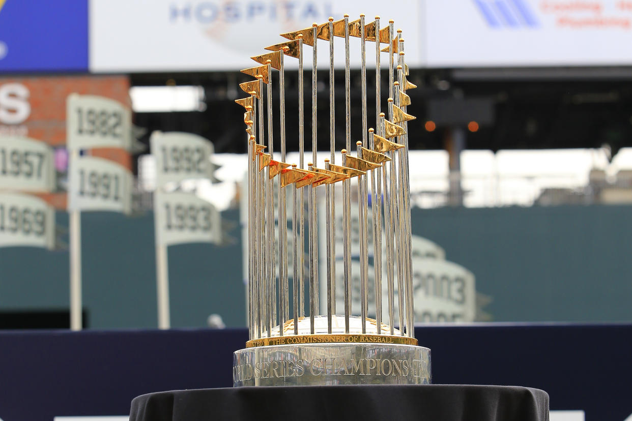 ATLANTA, GA - NOVEMBER 05: The Commisioners Trophy on a pedestal during the Celebration at Truist Park on November 5, 2021 in Atlanta, Georgia.   (Photo by David J. Griffin/Icon Sportswire via Getty Images)