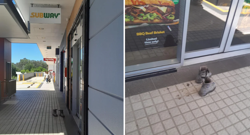 Left, the tradie's boots can be seen from far away under a Subway sign. Right, mud trails behind the work boots. 