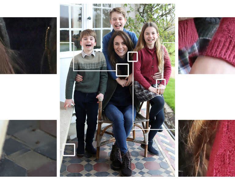Esta versión de un retrato oficial del Día de la Madre de Kate Middleton, princesa de Gales, con sus tres hijos muestra una serie de anomalías que indican que ha sido alterada digitalmente.