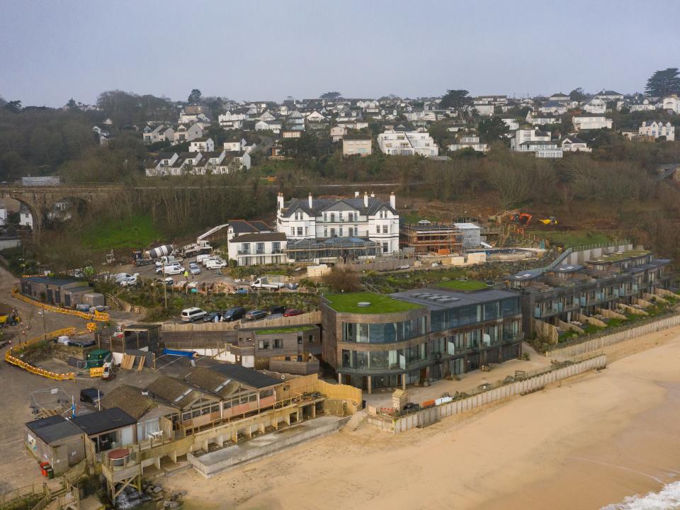 The Carbis Bay Estate hotel and beach, set to be the main venue for the upcoming G7 summit, photographed by drone on 2 March 2021 (Getty)