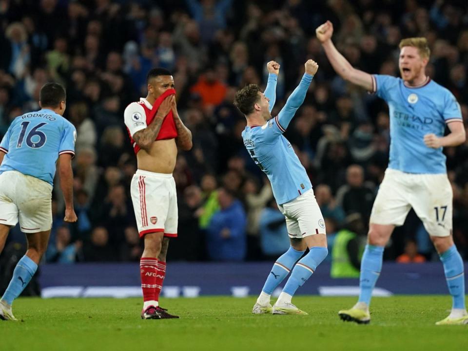 Manchester City players celebrate after VAR awards their second goal (PA)