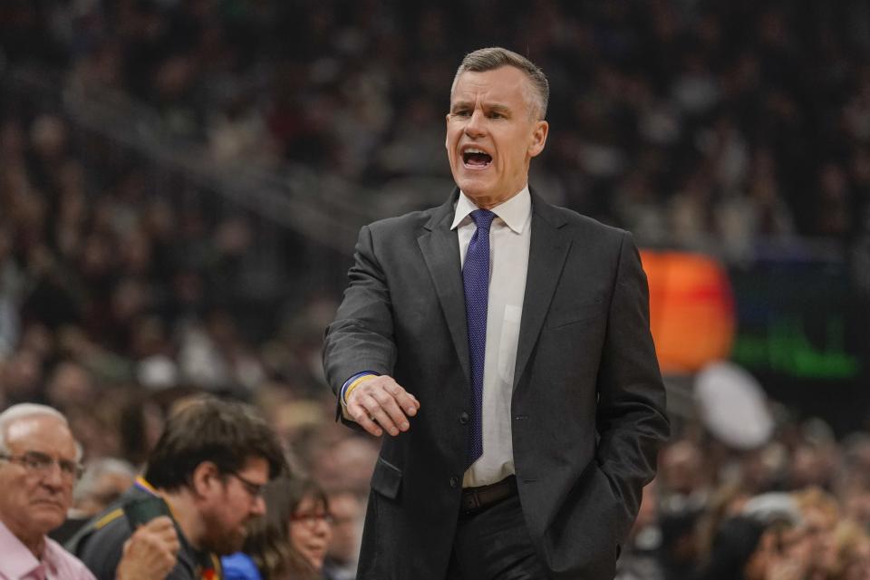 Oklahoma City Thunder head coach Billy Donovan reacts during the first half of an NBA basketball game against the Milwaukee Bucks Friday, Feb. 28, 2020, in Milwaukee. (AP Photo/Morry Gash)