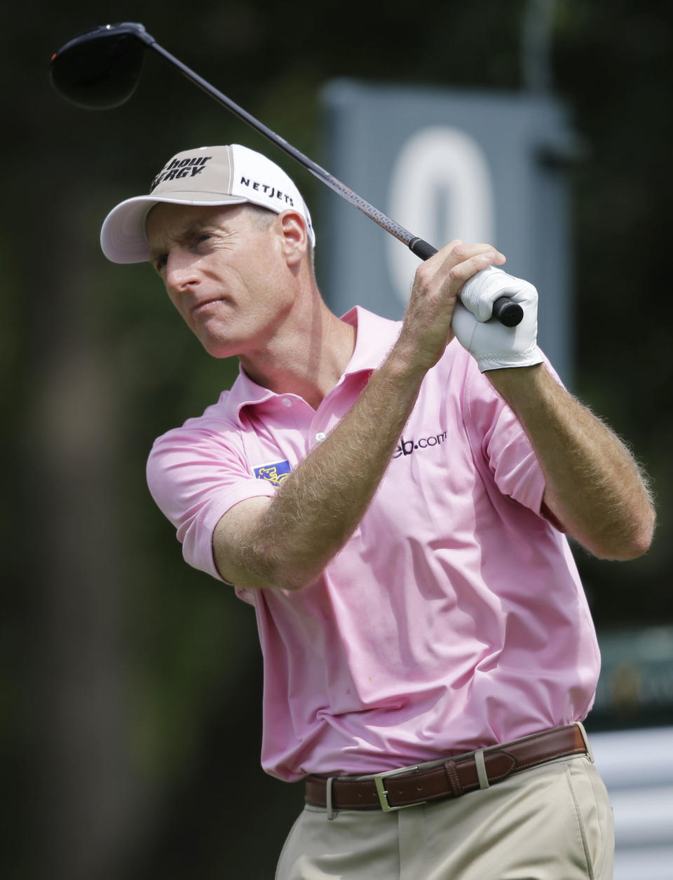 Jim Furyk watches his shot from the ninth tee during the final round of The Players championship golf tournament at TPC Sawgrass, Sunday, May 11, 2014 in Ponte Vedra Beach, Fla. (AP Photo/Gerald Herbert)