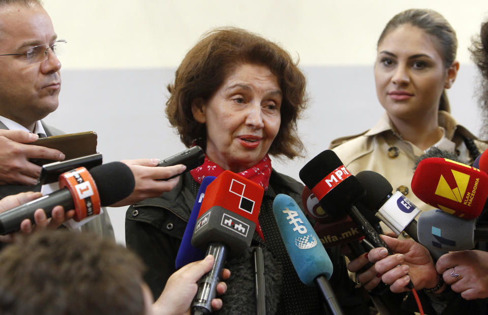 FILE - Gordana Siljanovska Davkova, presidential candidate for the opposition conservative VMRO-DPMNE party, talks to the media after voting for the presidential election, in Skopje, North Macedonia, May 5, 2019. North Macedonia’s presidential race kicked off on Thursday April 4, 2024, with seven candidates vying for the largely ceremonial post in a two-round vote that will conclude on May 8. Current polls are led by incumbent President Stevo Pendarovski and former candidate Gordana Siljanovska Davkova. (AP Photo/Boris Grdanoski, File)