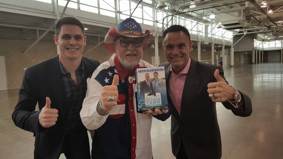 Brandon T. Adams, "Cactus Jack" Barringer and Kevin Harrington from ABC's "Shark Tank" pose for a photo.