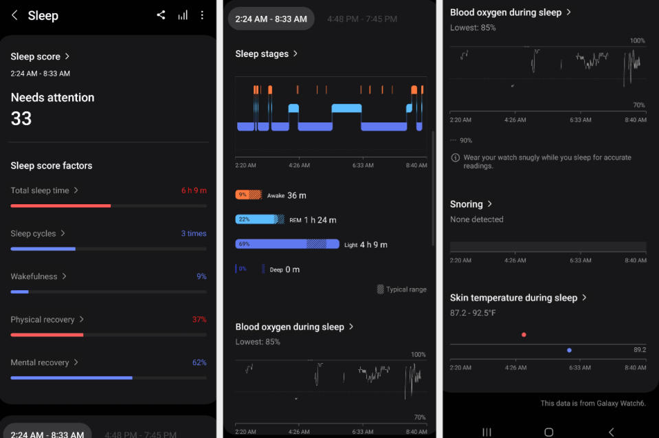 Sleep analyses screenshot including sleep score factors, sleep stages, blood oxygen levels, snoring, and skin temperature