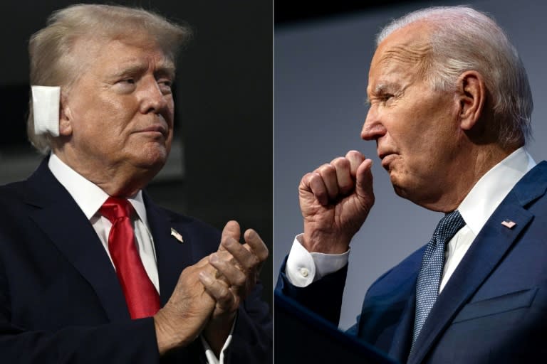 El expresidente estadounidense Donald Trump, con la oreja vendada tras un intento de asesinato la semana pasada; y el presidente estadounidense Joe Biden, que abandonó la carrera por la Casa Blanca (Brendan SMIALOWSKI)