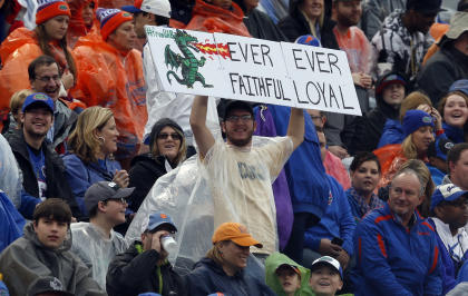 File - In this Saturday, Jan. 3, 2015, file photo, an UAB fan declares his loyalty for the terminated football program at the Birmingham Bowl NCAA college football game between Florida and East Carolina, in Birmingham, Ala. UAB president Ray Watts is bringing the football program back. He told The Associated Press that he decided on Monday, June 1, 2015 to reverse the earlier decision after meetings with UAB supporters continued through the weekend. He says donors have pledged to make up the estimated $17.2 million deficit over the next five years if football is restored. (AP Photo/Butch Dill, File)