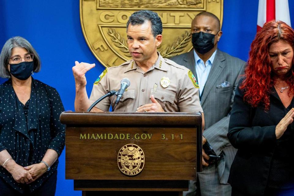 Miami-Dade Police Department Director Alfredo Ramirez III, along with other county officials, provided an update on the search and recovery operation following the Surfside building collapse during a press conference at Miami-Dade Emergency Operations in Doral, Florida, on Monday, July 26, 2021.