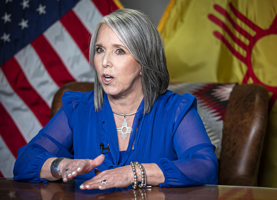 FILE - New Mexico Gov. Michelle Lujan Grisham delivers the State of the State address during the 56th legislative session Jan. 18, 2022, in Santa Fe, N.M. Five Republican candidates are competing to take on Grisham. The incumbent is favored to keep her job in a state where Democrats control every statewide office and dominate the Legislature. (Jim Weber/Santa Fe New Mexican via AP, Pool, File)