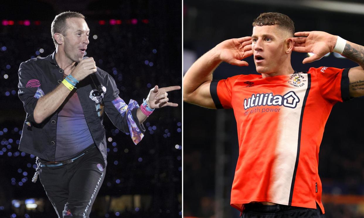 <span>Colour clash? Coldplay’s Chris Martin and Luton Town’s Ross Barkley.</span><span>Photograph: Matt Jelonek/Wireimage, Catherine Ivill/Getty Images</span>