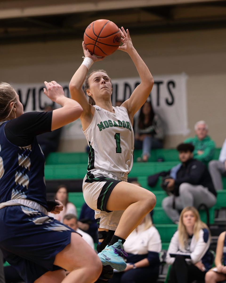 Mogadore's Julie Tompkins goes up for a shot during a high school basketball game against Rootstown, Wednesday, Feb. 7, 2024, in Mogadore, Ohio.