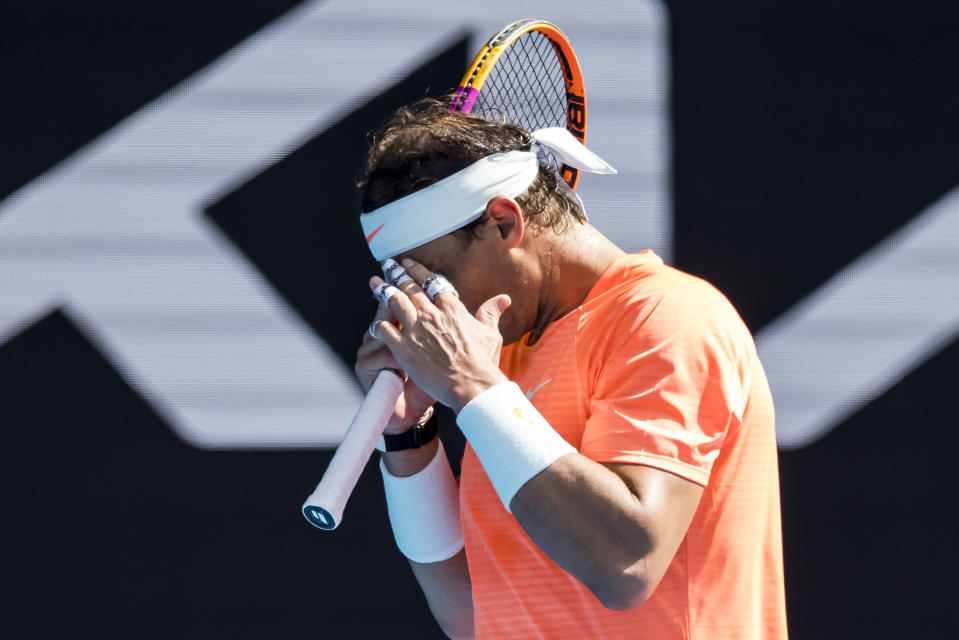 MELBOURNE, VIC - FEBRUARY 15: Rafael Nadal of Spain shows his frustration after losing a game during round 4 of the 2021 Australian Open on February 15 2021, at Melbourne Park in Melbourne, Australia. (Photo by Jason Heidrich/Icon Sportswire via Getty Images)