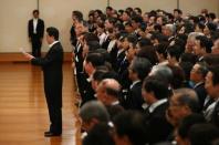 Japan's Prime Minister Shinzo Abe delivers a speech during a ceremony called Sokui-go-Choken-no-gi, Emperor Naruhito's first audience after the accession to the throne , at the Imperial Palace in Tokyo, May 1, 2019. Japan Pool/Pool via REUTERS