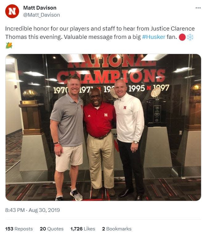 On Labor Day weekend, 2019, the group sat in former football coach and ex-congressman Tom Osborne’s suite. Osborne told ProPublica he and the justice became friends years ago, when he was in office. The day before the football game, Thomas met with the team. Sokol arranged these visits in emails with the athletic department.