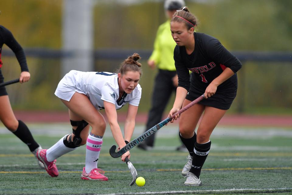Pittsford Sutherland's Gretta Spitz, left, pokes the ball away from Penfield's Sophia Graves during a regular season game, Saturday, Oct. 14, 2023.