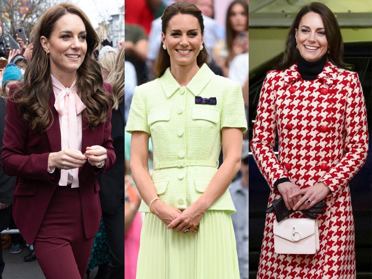 Three photos of Kate Middleton in colorful outfits.