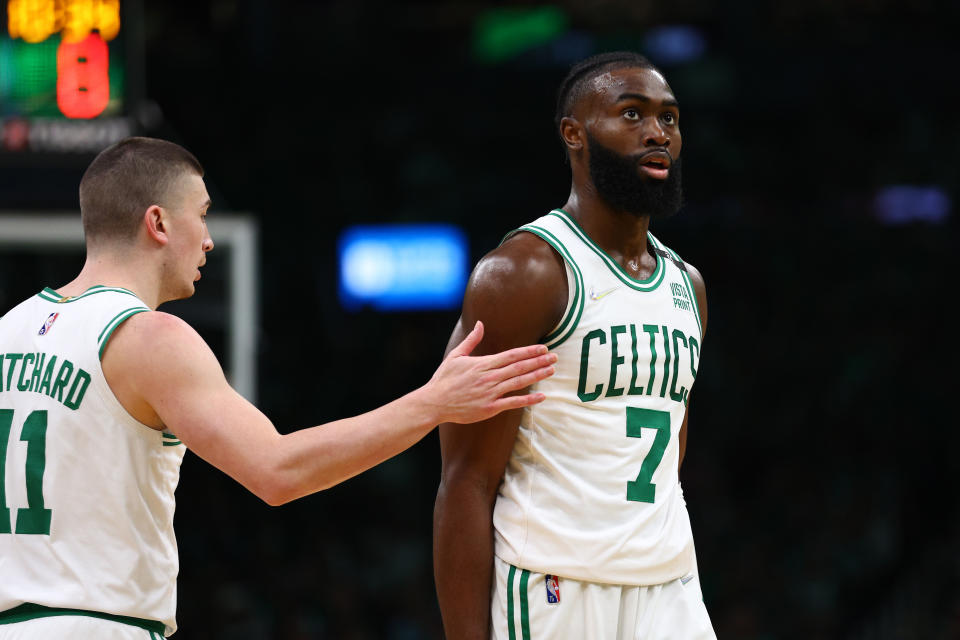 BOSTON, MASSACHUSETTS - MAY 21: Jaylen Brown #7 of the Boston Celtics reacts in the first half against the Miami Heat in Game Three of the 2022 NBA Playoffs Eastern Conference Finals at TD Garden on May 21, 2022 in Boston, Massachusetts. NOTE TO USER: User expressly acknowledges and agrees that, by downloading and/or using this photograph, User is consenting to the terms and conditions of the Getty Images License Agreement.  (Photo by Elsa/Getty Images)