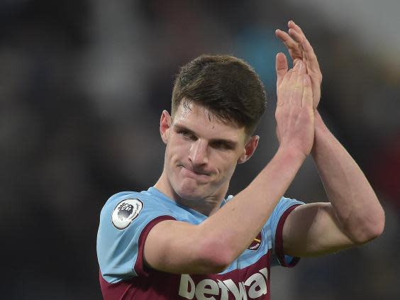 Declan Rice applauds West Ham’s fans after drawing against Everton (Getty)