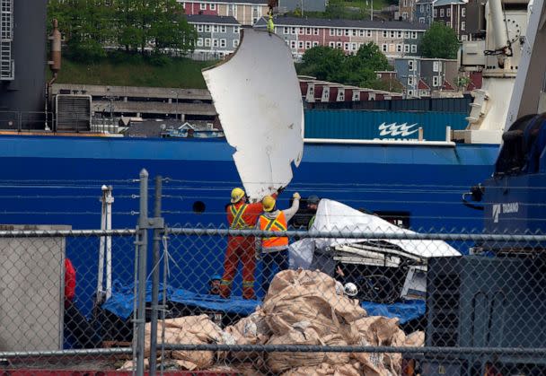 PHOTO: Debris from the Titan submersible, recovered from the ocean floor near the wreck of the Titanic, is unloaded from the ship Horizon Arctic at the Canadian Coast Guard pier in St. John's, Newfoundland, June 28, 2023. (Paul Daly/The Canadian Press via AP)