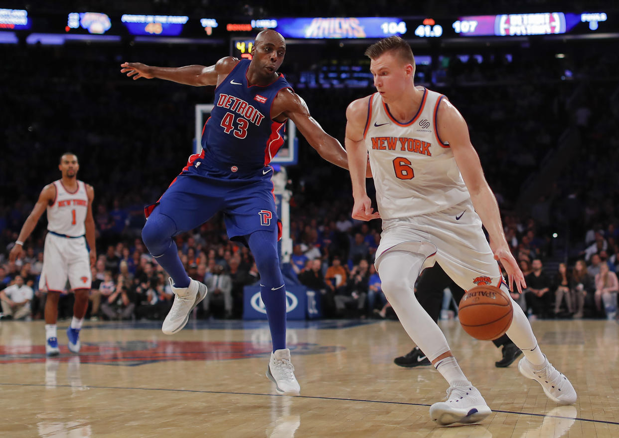 New York Knicks forward Kristaps Porzingis (6) is averaging over 30 points per game this season. (AP Photo/Julie Jacobson)