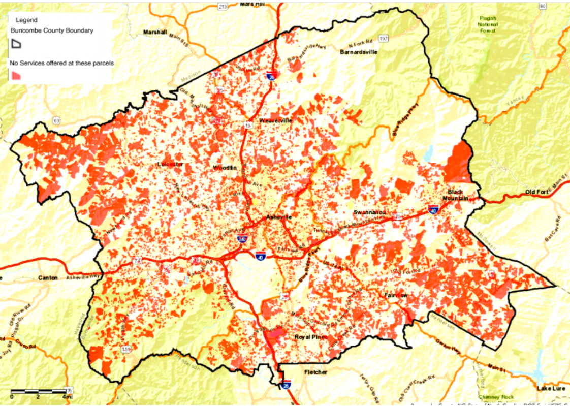 A map from the WNC Broadband Project shows parcels in red where "Buncombe County residents do not receive adequate broadband service," according to a letter the organization sent to the Federal Communications Commission in April.