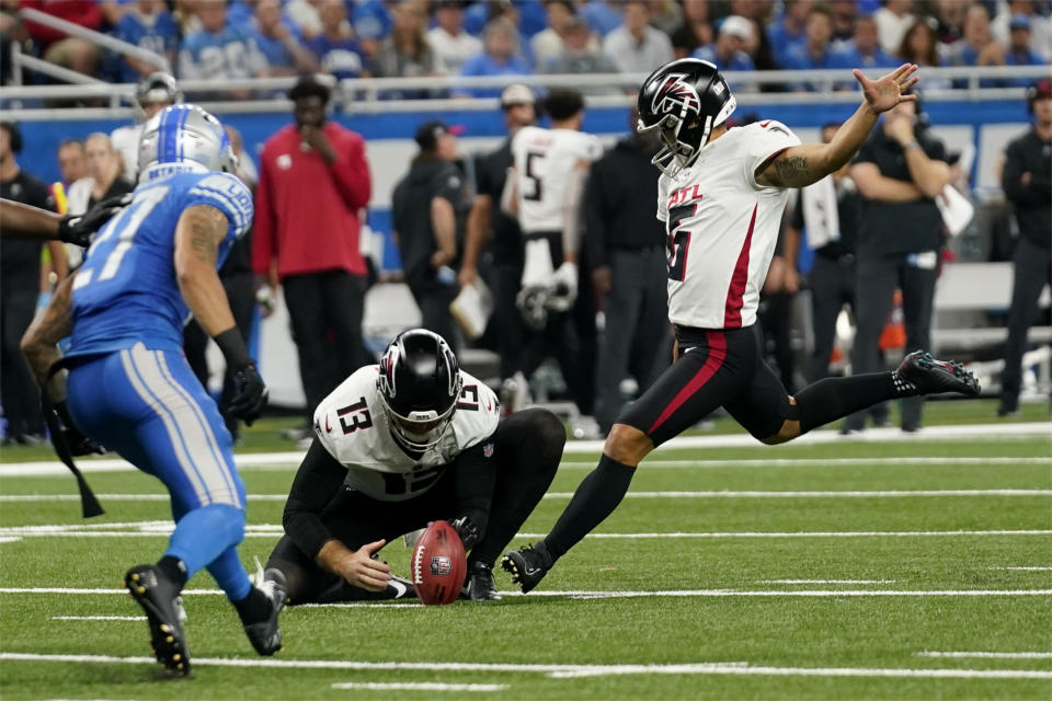 Atlanta Falcons place-kicker Younghoe Koo (6) boots a 24-yard field goal against the Detroit Lions in the second half of an NFL football game Sunday, Sept. 24, 2023, in Detroit. (AP Photo/Paul Sancya)