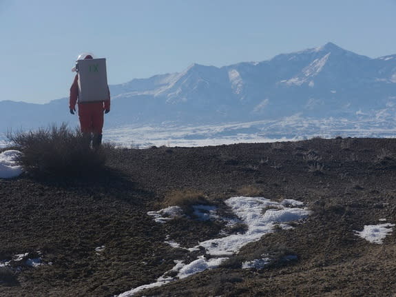 Crew 133 commander Paula Crock during a simulated Marswalk at Utah's Mars Desert Research Station.