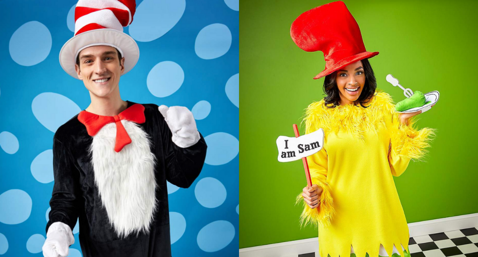 man and woman wearing Dr. Seuss Cat-in-the-Hat & Sam-I-Am Costumes