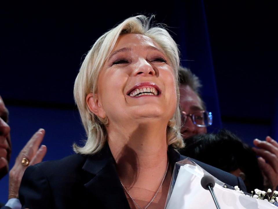 Marine Le Pen, French National Front (FN) political party leader and candidate for French 2017 presidential election, celebrates after early results in the first round of 2017 French presidential election, in Henin-Beaumont, France, April 23, 2017.