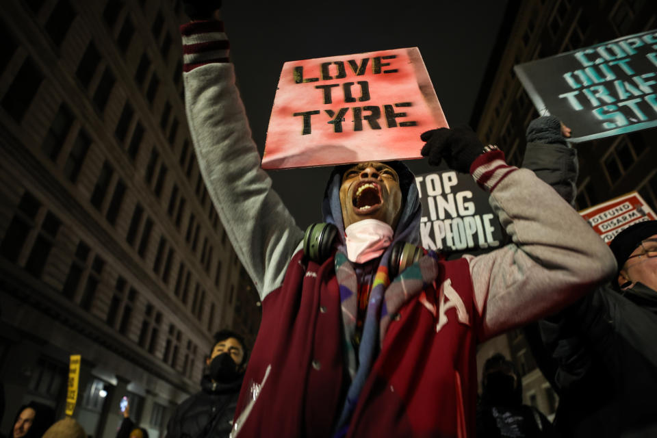 Protesters gather at the Oscar Grant Plaza in Oakland, Calif., to protest the police killing of Tyre Nichols in Memphis