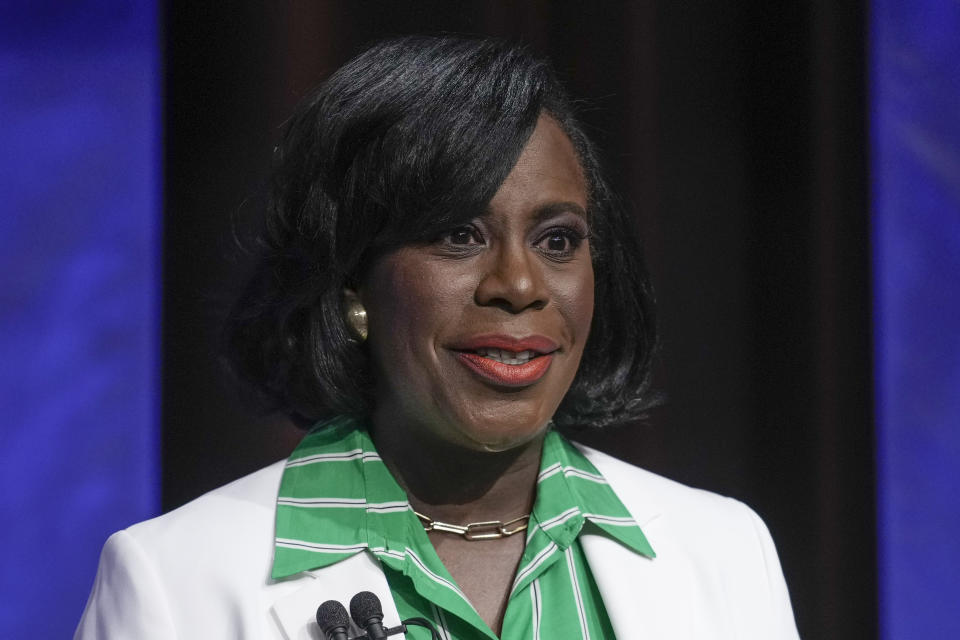 FILE - Philadelphia mayoral candidate Cherelle Parker takes part in a Democratic primary debate at the WPVI-TV studio in Philadelphia, April 25, 2023. A Democratic primary on Tuesday, May 16, that will likely determine who becomes Philadelphia’s next mayor could boost a progressive cause struggling to make a comeback after national setbacks, but with no clear front-runner it's just as likely to fortify the city's existing Democratic machine. (AP Photo/Matt Rourke, File)