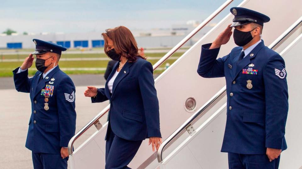 Vice President Kamala Harris steps off Air Force 2 Monday, April 18, 2021 at Piedmont Triad International Airport in Greensboro.