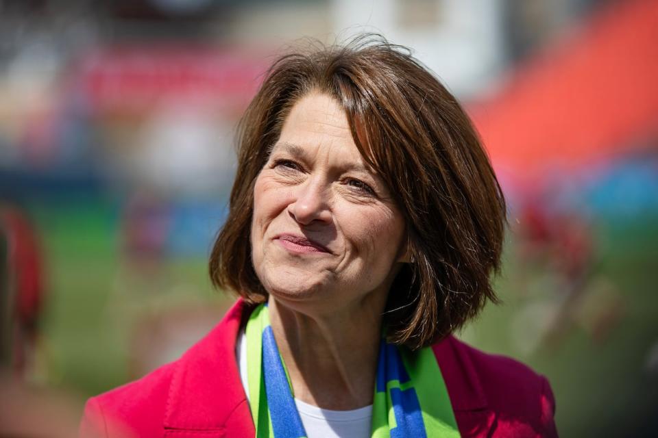 FIFA World Cup 2026 executive director Sharon Bollenbach speaks to media after unveiling the official FIFA #WeAre26 brand awareness campaign at BMO Field, in Toronto, on May 18, 2023.