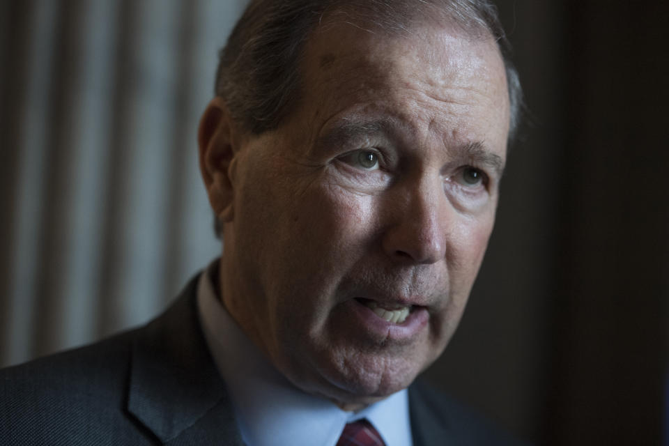 Sen. Tom Udall, D-N.M., speaks with a reporter on April 17. (Photo: Tom Williams/CQ Roll Call)