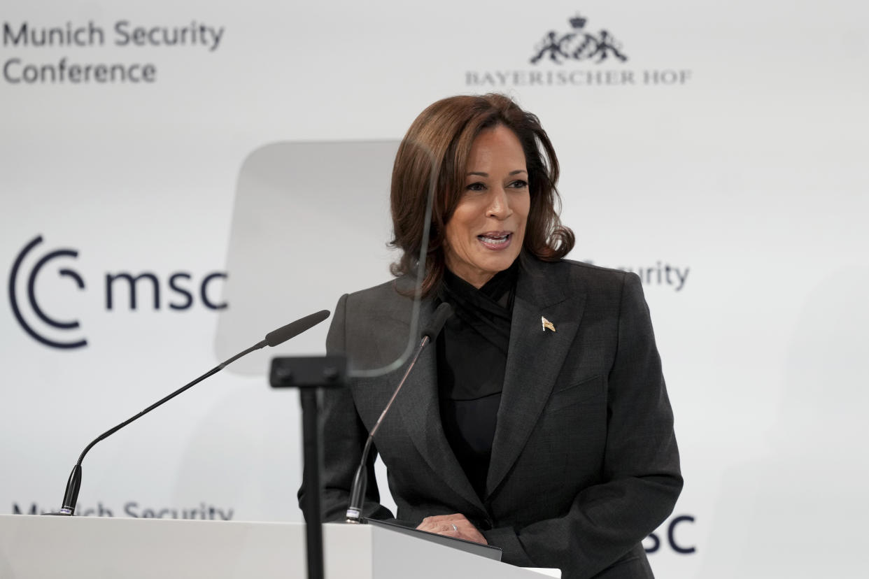 Vice President of the United States Kamala Harris speaks at the Munich Security Conference in Munich, Saturday, Feb. 18, 2023. The 59th Munich Security Conference (MSC) is taking place from Feb. 17 to Feb. 19, 2023 at the Bayerischer Hof Hotel in Munich. (AP Photo/Michael Probst)