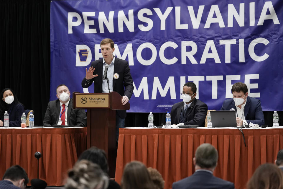 FILE - U.S. Senate candidate U.S. Rep. Conor Lamb, D-Pa., speaks during a meeting of the Pennsylvania Democratic Party State Committee in Harrisburg, Pa., in this Jan. 29, 2022 file photo. Pennsylvania’s Democratic Party committee members backed U.S. Rep. Conor Lamb by 2 to 1 in an endorsement vote over Lt. Gov. John Fetterman in the primary race for the state's open U.S. Senate seat. (AP Photo/Matt Rourke, File)