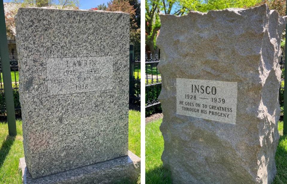 Subtle yet striking monuments to 1938 Kentucky Derby winner Lawrin and his sire, Insco, sit on a grass island in a small cemetery in Prairie Village, Kan.