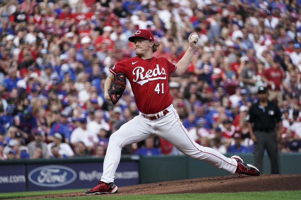 Cincinnati Reds starting pitcher Andrew Abbott delivers to a Chicago Cubs batter during the first inning of a baseball game Saturday, Sept. 2, 2023, in Cincinnati. (AP Photo/Joshua A. Bickel)
